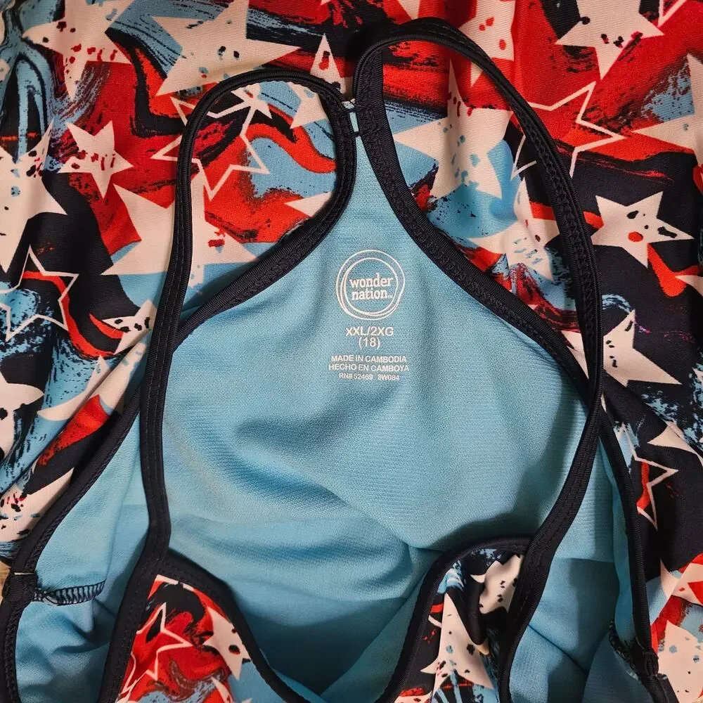 Wonder Nation Girls Size 2XL (18) One piece Swimsuit, Red, White, Blue, Stars